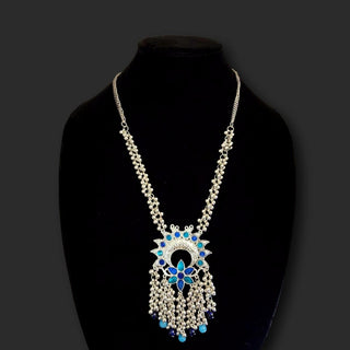 Scottie Blue German Silver Long Necklace Set - ECLAT INDIAN JEWELSNecklace SetsOxidised Silver