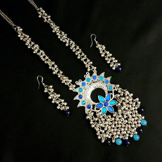 Scottie Blue German Silver Long Necklace Set - ECLAT INDIAN JEWELSNecklace SetsOxidised Silver