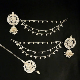 Selena White Baahubali Jhumki Tikka Set (with Detachable Chains) - ECLAT INDIAN JEWELSTikka SetsWhite