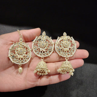 Selena White Baahubali Jhumki Tikka Set (with Detachable Chains) - ECLAT INDIAN JEWELSTikka SetsWhite