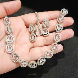 Selma White CZ Diamond Simulant Necklace Set with Tikka - ECLAT INDIAN JEWELSNecklace SetsWhite