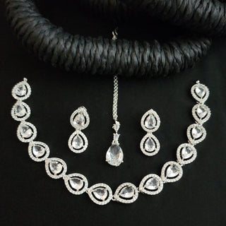 Selma White CZ Diamond Simulant Necklace Set with Tikka - ECLAT INDIAN JEWELSNecklace SetsWhite