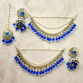 Shloka Blue Baahubali Jhumki Earrings (with detachable hair chains) - ECLAT INDIAN JEWELSTikka SetsBlue