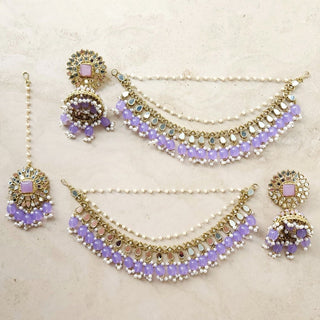 Shloka Light Purple Baahubali Jhumki Earrings (with detachable hair chains) - ECLAT INDIAN JEWELSTikka SetsPurple