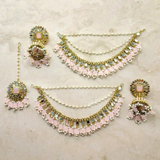 Shloka Pink Baahubali Jhumki Earrings (with detachable hair chains) - ECLAT INDIAN JEWELSTikka SetsPink