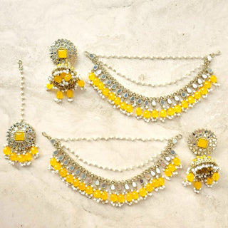 Shloka Yellow Baahubali Jhumki Earrings (with detachable hair chains) - ECLAT INDIAN JEWELSTikka SetsYellow