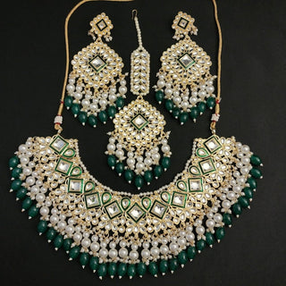 Sia Green Kundan Necklace Set with Tikka - ECLAT INDIAN JEWELSNecklace SetsGreen