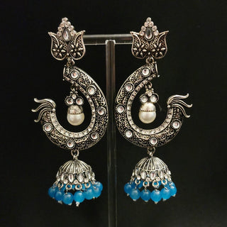 Simone Blue German Silver Jhumka Earrings - ECLAT INDIAN JEWELSEarringsBlue