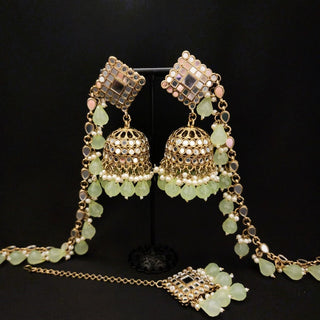 Simone Light Green Baahubali Mirror Jhumki Earrings - ECLAT INDIAN JEWELSTikka SetsGreen