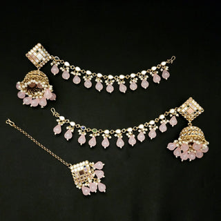 Simone Light Pink Baahubali Mirror Jhumki Earrings - ECLAT INDIAN JEWELSTikka SetsPink