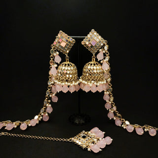 Simone Light Pink Baahubali Mirror Jhumki Earrings - ECLAT INDIAN JEWELSTikka SetsPink