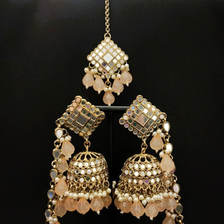 Simone Peach Baahubali Mirror Jhumki Earrings - ECLAT INDIAN JEWELSTikka SetsPeach