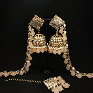 Simone Peach Baahubali Mirror Jhumki Earrings - ECLAT INDIAN JEWELSTikka SetsPeach