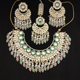 Siya Light Green and Pink Kundan Necklace Set with Tikka - ECLAT INDIAN JEWELSNecklace SetsGreen