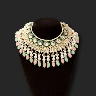 Siya Light Green and Pink Kundan Necklace Set with Tikka - ECLAT INDIAN JEWELSNecklace SetsGreen