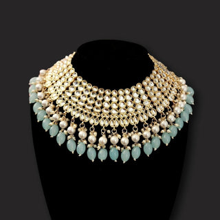 Skyla Pastel Blue Kundan Necklace Set with Tikka and Passa - ECLAT INDIAN JEWELSNecklace SetsBlue