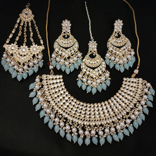 Skyla Pastel Blue Kundan Necklace Set with Tikka and Passa - ECLAT INDIAN JEWELSNecklace SetsBlue