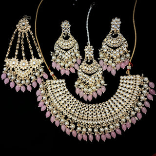 Skyla Pastel Pink Kundan Necklace Set with Tikka and Passa - ECLAT INDIAN JEWELSNecklace SetsPink