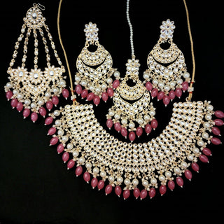 Skyla Pink Kundan Necklace Set with Tikka and Passa - ECLAT INDIAN JEWELSNecklace SetsPink