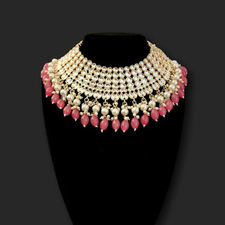 Skyla Pink Kundan Necklace Set with Tikka and Passa - ECLAT INDIAN JEWELSNecklace SetsPink