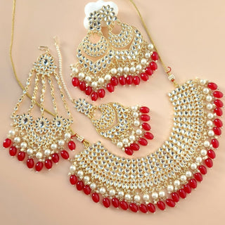 Skyla Red Kundan Necklace Set with Tikka and Passa - ECLAT INDIAN JEWELSNecklace SetsRed