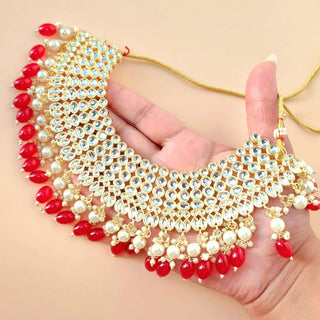 Skyla Red Kundan Necklace Set with Tikka and Passa - ECLAT INDIAN JEWELSNecklace SetsRed