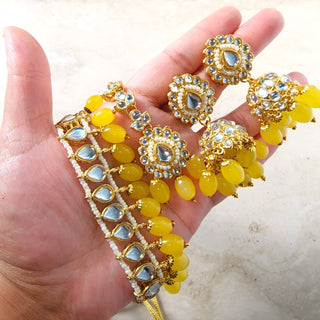 Skylar Yellow Kundan Necklace Set with Tikka - ECLAT INDIAN JEWELSNecklace SetsYellow