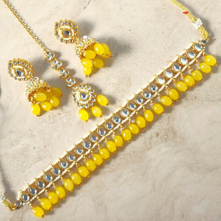 Skylar Yellow Kundan Necklace Set with Tikka - ECLAT INDIAN JEWELSNecklace SetsYellow
