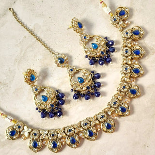 Sloane Polki Dark Blue Necklace Set with Tikka - ECLAT INDIAN JEWELSNecklace SetsBlue