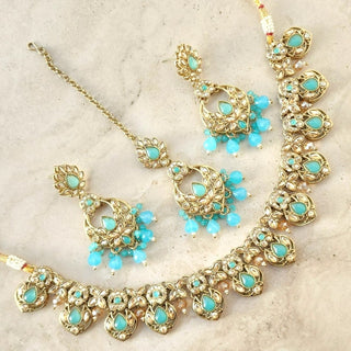 Sloane Polki Light Blue Necklace Set with Tikka - ECLAT INDIAN JEWELSNecklace SetsBlue