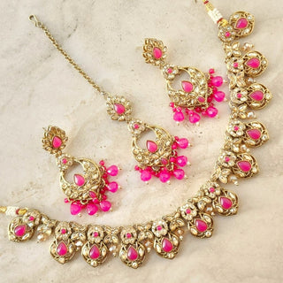 Sloane Polki Magenta Pink Necklace Set with Tikka - ECLAT INDIAN JEWELSNecklace SetsPink