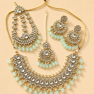 Soleil Pastel Blue Kundan Necklace Set with Tikka and Passa - ECLAT INDIAN JEWELSNecklace SetsBlue