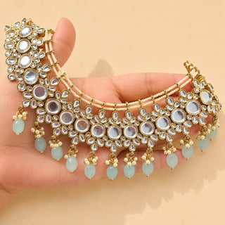 Soleil Pastel Blue Kundan Necklace Set with Tikka and Passa - ECLAT INDIAN JEWELSNecklace SetsBlue