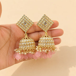Sophia Light Pink Baahubali Kundan Jhumka Earrings (detachable hair chain) - ECLAT INDIAN JEWELSTikka SetsPink