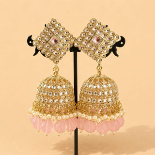 Sophia Light Pink Baahubali Kundan Jhumka Earrings (detachable hair chain) - ECLAT INDIAN JEWELSTikka SetsPink