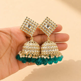Sophia Teal Blue Baahubali Kundan Jhumka Earrings (detachable hair chain) - ECLAT INDIAN JEWELSTikka SetsBlue