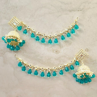 Sophia Teal Blue Baahubali Kundan Jhumka Earrings (detachable hair chain) - ECLAT INDIAN JEWELSTikka SetsBlue