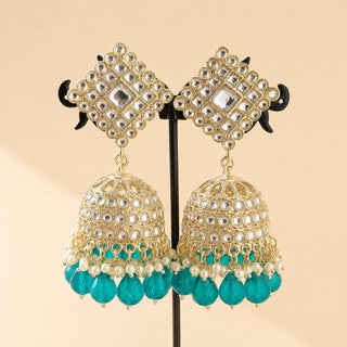 Sophia Teal Blue Baahubali Kundan Jhumka Earrings (detachable hair chain) - ECLAT INDIAN JEWELSTikka SetsBlue