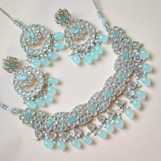 Stacey Polki Light Blue Necklace Set with Tikka - ECLAT INDIAN JEWELSNecklace SetsBlue