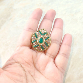 Stella Dark Green Polki Adjustable Ring - ECLAT INDIAN JEWELSRingsGreen