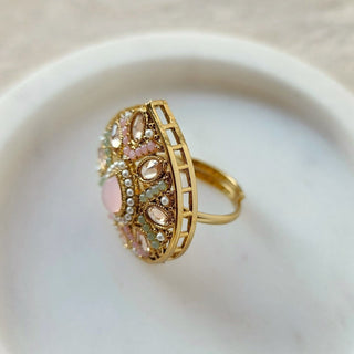 Stella Polki Pastel Pink Mint Green Adjustable Ring - ECLAT INDIAN JEWELSRingsMulticolour