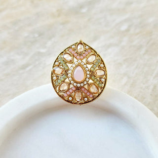 Stella Polki Pastel Pink Mint Green Adjustable Ring - ECLAT INDIAN JEWELSRingsMulticolour
