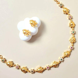Tahira Multicolour Temple (Lord Ganesh) CZ Diamond Simulant Necklace Set - ECLAT INDIAN JEWELSNecklace SetsGold