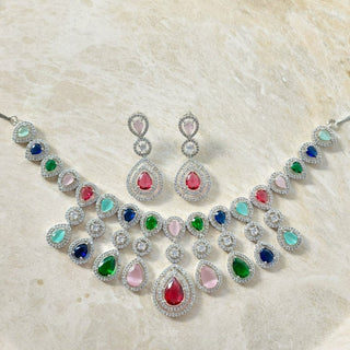 Tamannaah Multicolour CZ Diamond Simulant Necklace Set - ECLAT INDIAN JEWELSNecklace SetsMulticolour