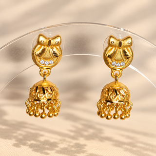 Tansy gold CZ diamond mini jhumka earrings with bow-shaped studs and ghungroo drops