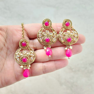 Theresa Magenta Pink Polki Necklace Set with Maang Tikka - ECLAT INDIAN JEWELSNecklace SetsPink