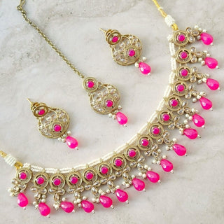 Theresa Magenta Pink Polki Necklace Set with Maang Tikka - ECLAT INDIAN JEWELSNecklace SetsPink