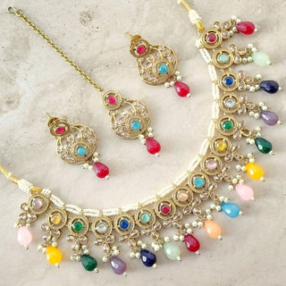 Theresa Multicolour Polki Necklace Set with Maang Tikka - ECLAT INDIAN JEWELSNecklace SetsMulticolour