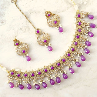 Theresa Purple Polki Necklace Set with Maang Tikka - ECLAT INDIAN JEWELSNecklace SetsPurple