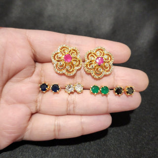 Tia 5 in 1 interchangeable Earrings with interchangeable studs in White diamond simulant, Pink, Blue, Black and Green stones - ECLAT INDIAN JEWELSEarringsMulticolour